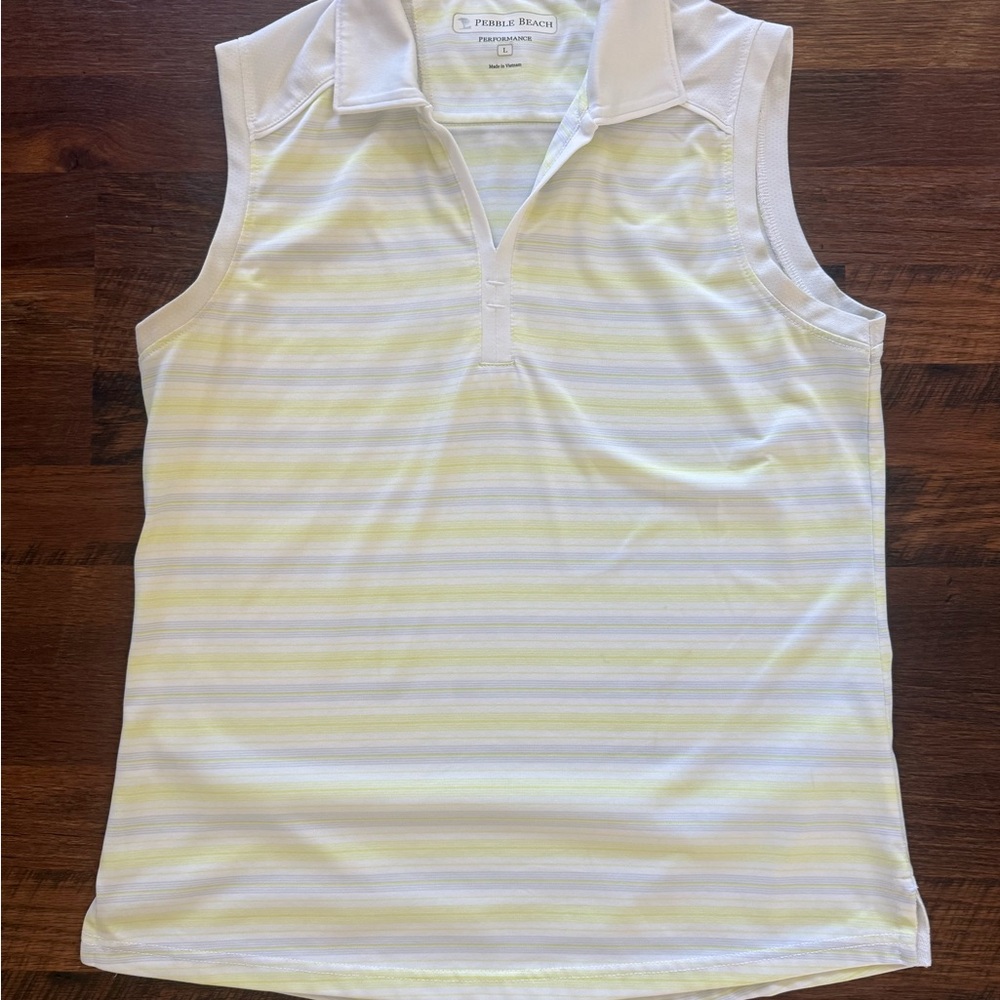 Pebble Beach White Polo Top with Pale Yellow & Light Gray Stripes